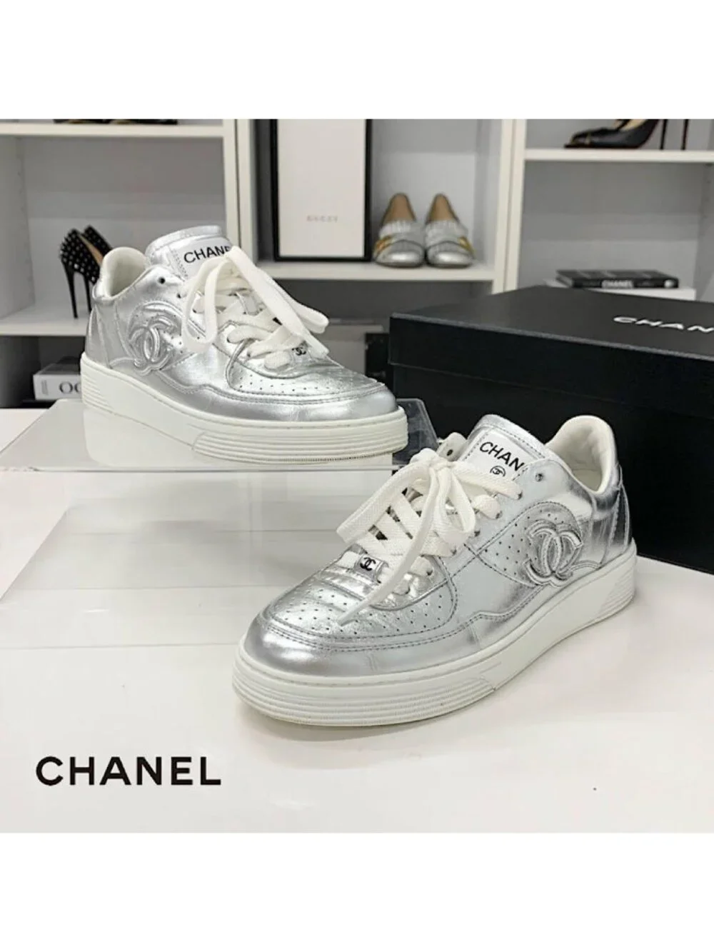 Chanel CC Logo Perforated Leather Sneakers Silver